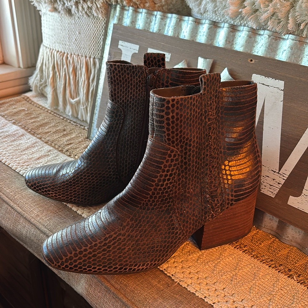 Kork-Ease Korks Ease Leyland Brown Leather Snakeskin Block Heel Ankle Booties